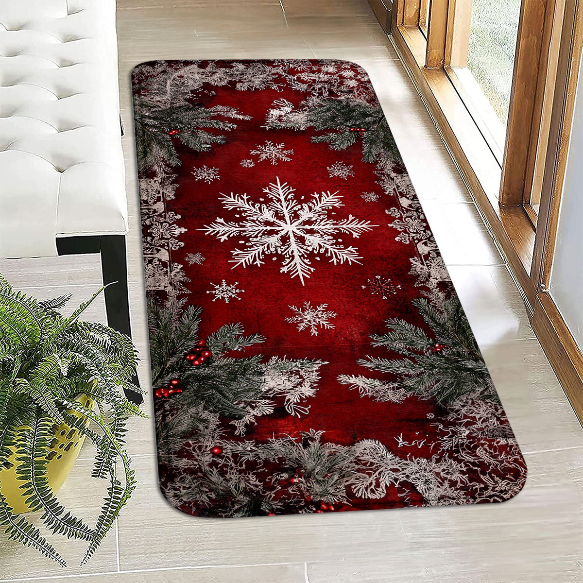 Snowflakes & Pine Branches Kitchen Mats – Non-Slip Machine Washable, 1.5'x2.5' / 1.5'x4'