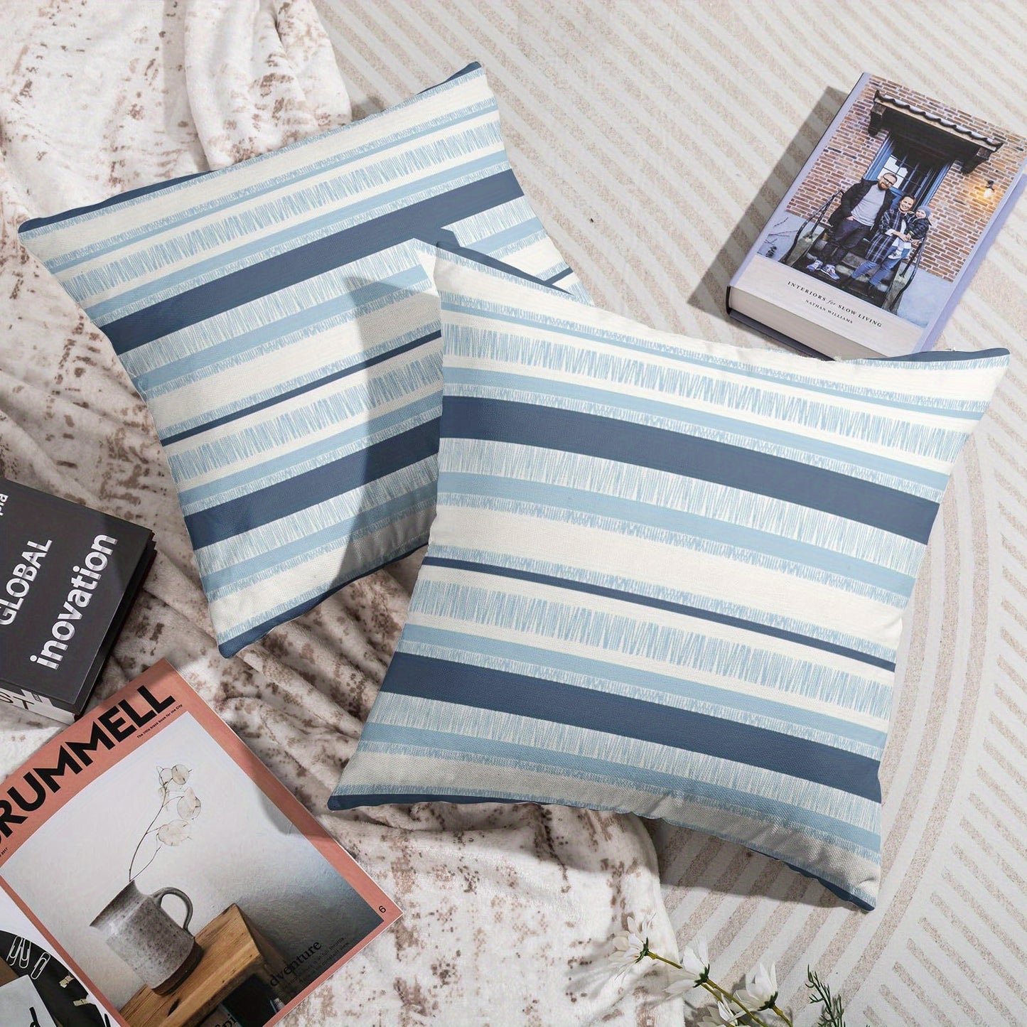 Linen Coastal Striped Pillow Covers – Light Blue & White Nautical Design, 18x18"