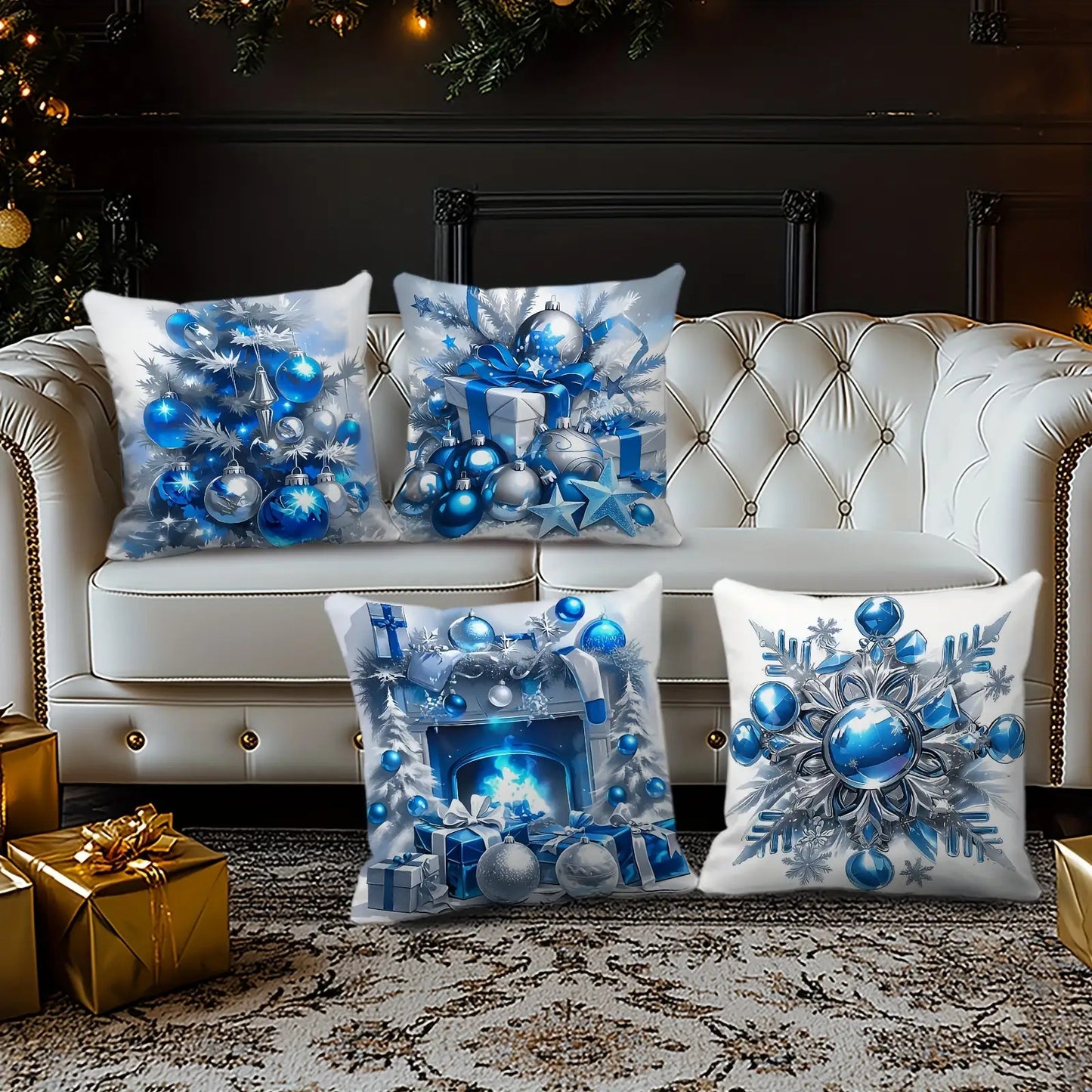 Blue & Silver Festive Designs Pillow Covers