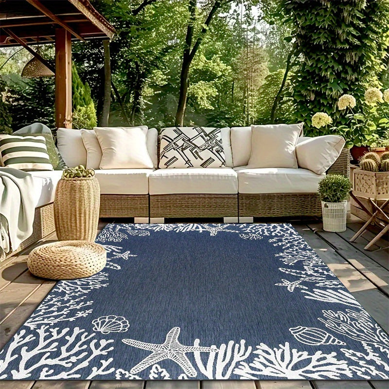 Blue Starfish & Shell Outdoor Mat – Non-Slip, Washable Coastal Decor, 3'x5'/ 4'x6' / 5'x7.5'