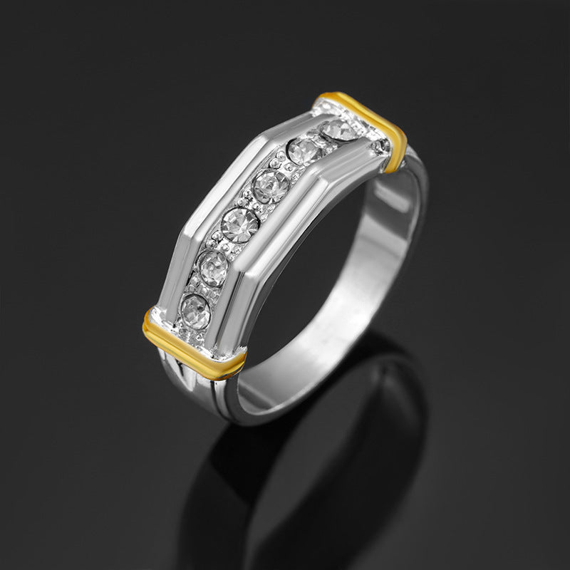 Men's Vintage Two-Tone Stainless Steel Geometric Angle Ring with Sparkling Accents