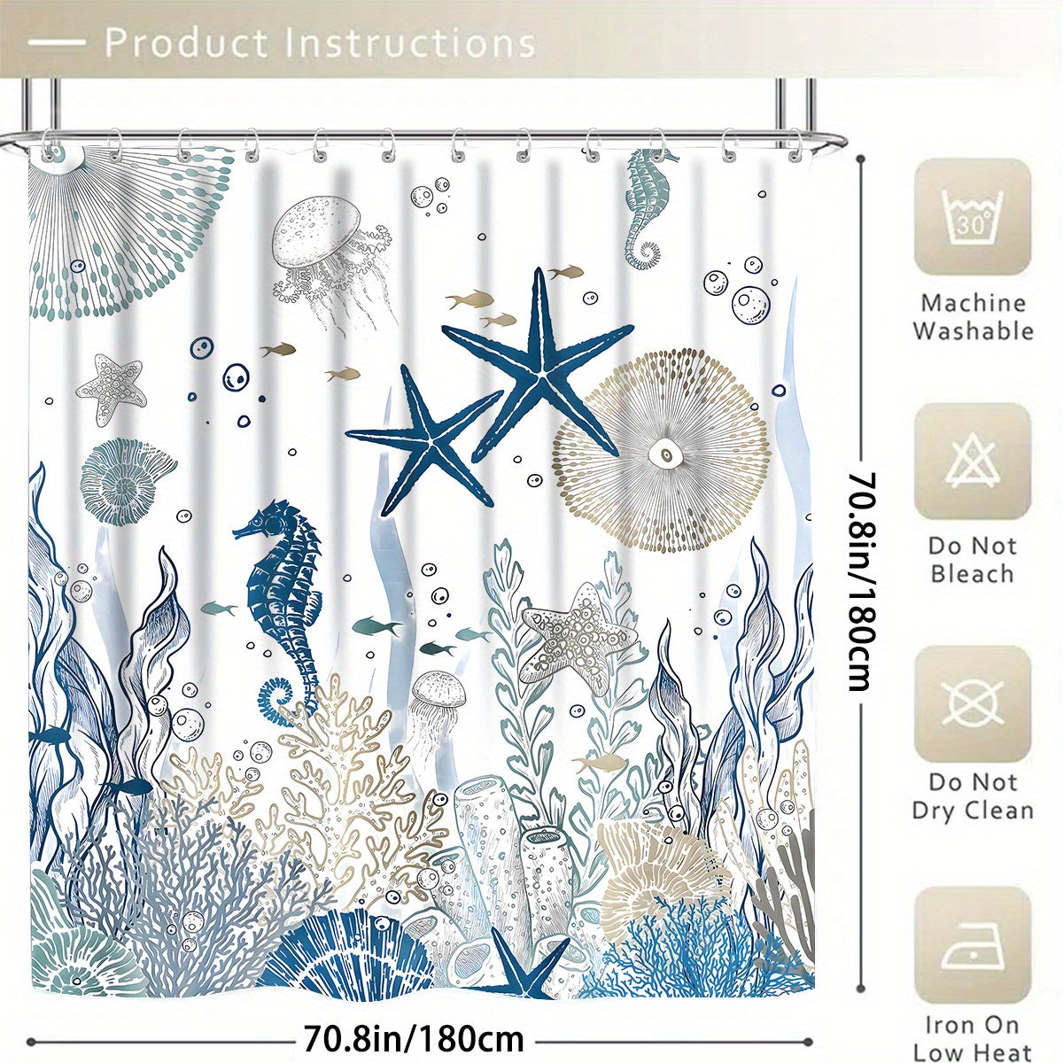 4-Piece Blue & White Marine Life Bath Set – Curtain, Mats & Hooks Included