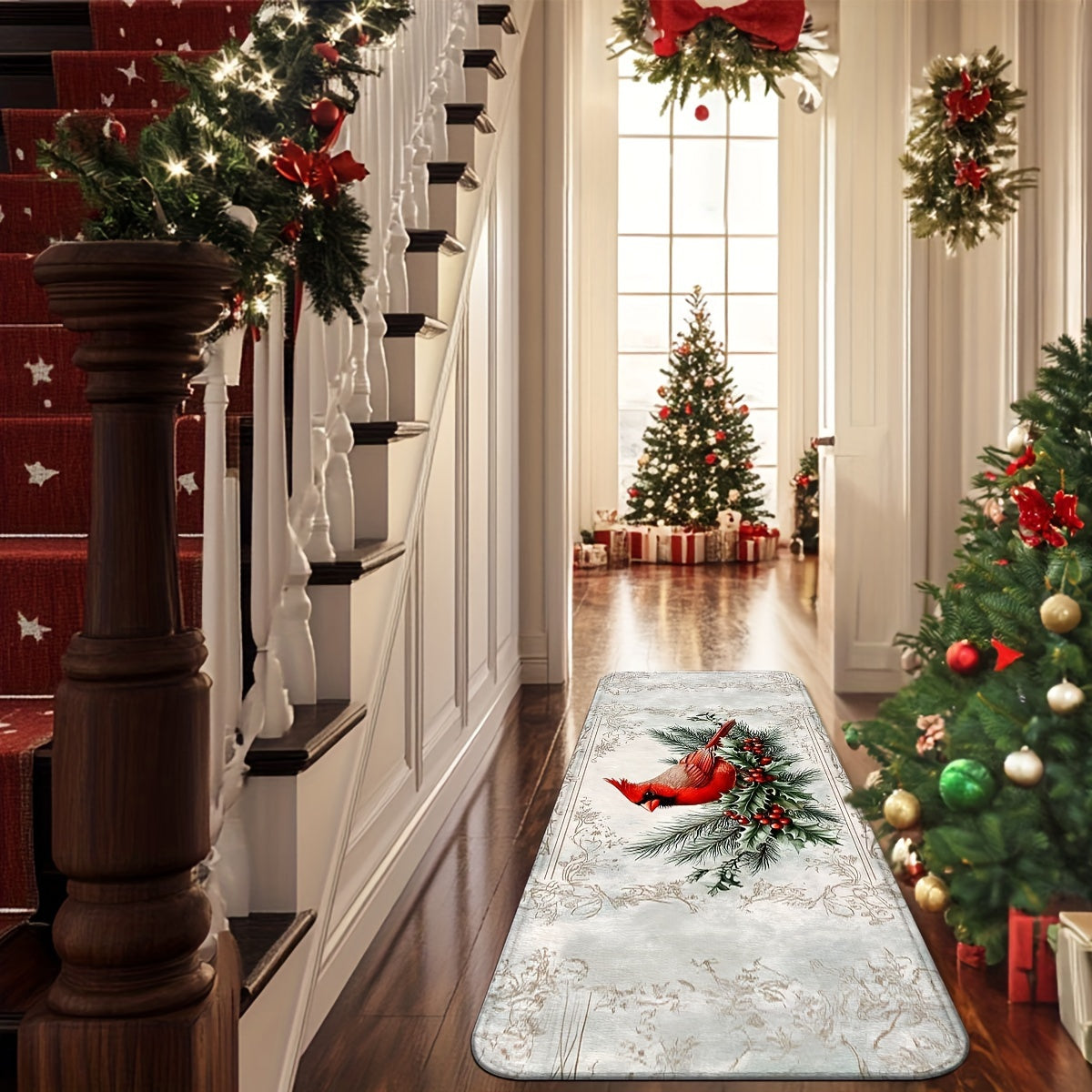 Holiday Cardinal & Pine Branch Doormat – Non-Slip, Machine Washable, 1.5'x2.5' / 1.5'x4'