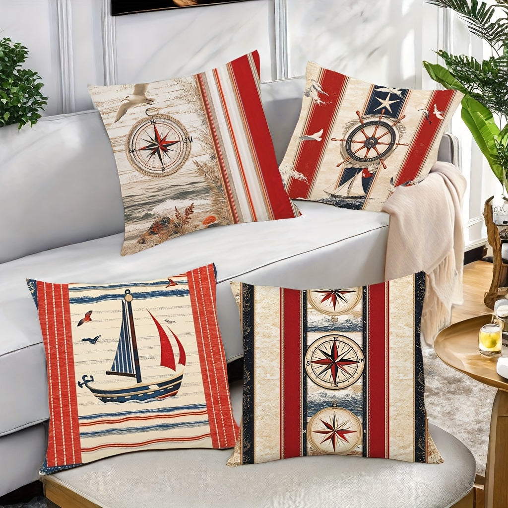 Nautical Compass & Sailing Pillow Cover Collection – Compass, Sailboat & Stripe Designs, 18" x 18"