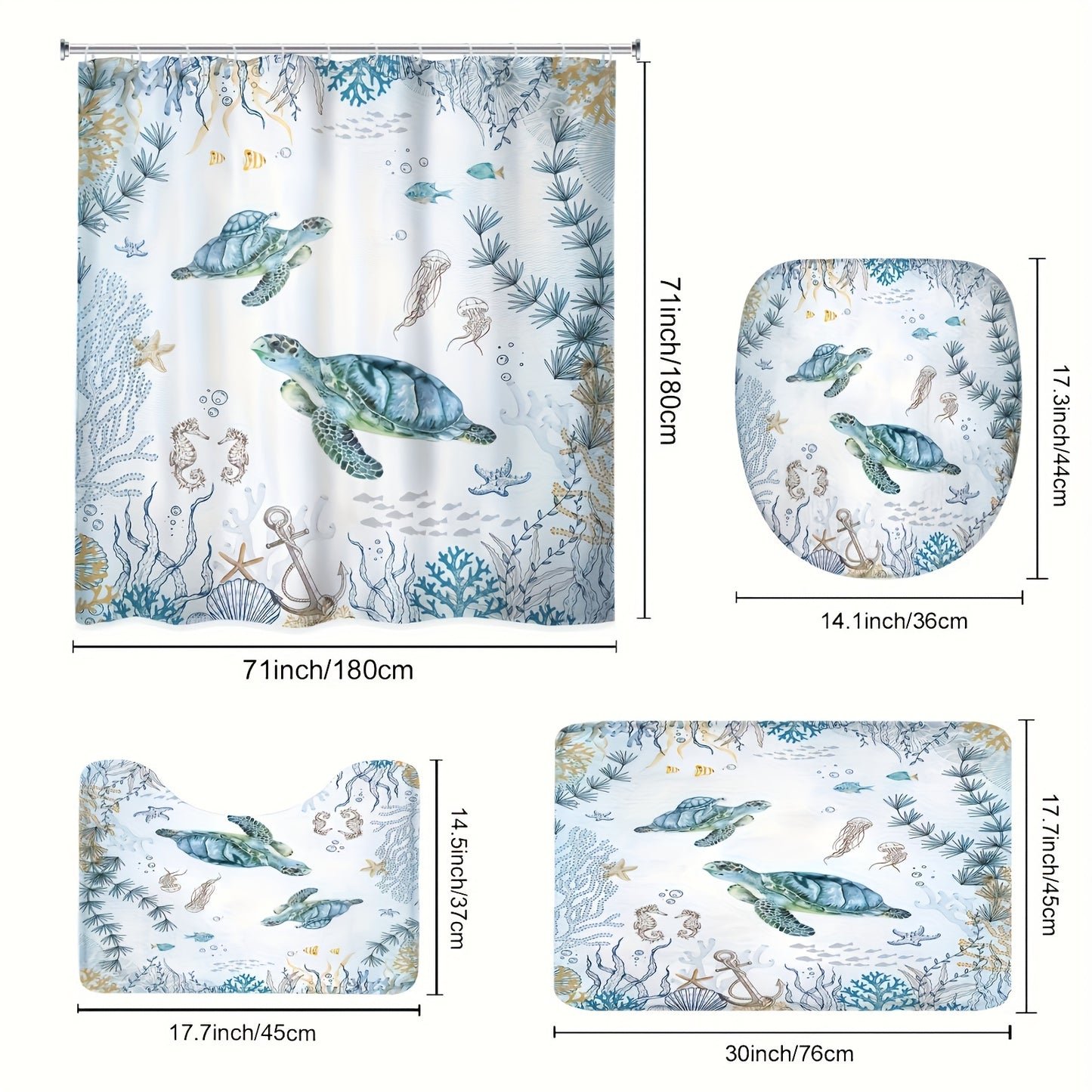 4-Piece Blue Coastal Nautical Bathroom Set – Fish, Coral & Sea Turtle Design