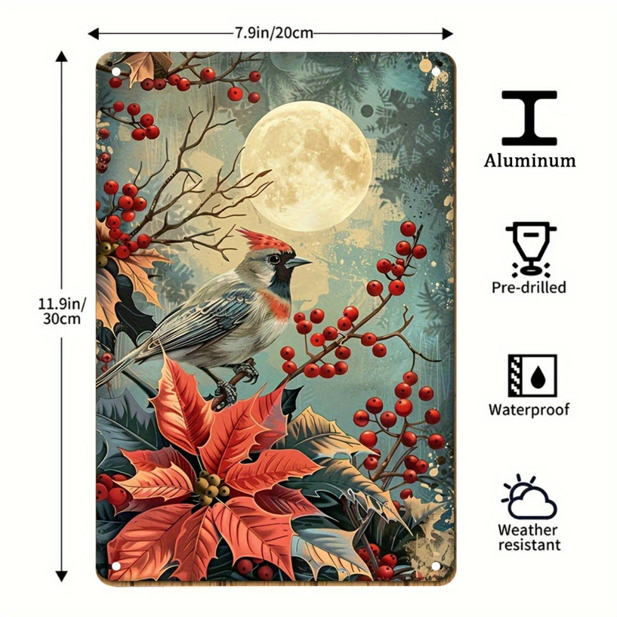 Cardinal on Poinsettia Metal Sign – 8x12" Holiday Wall Decor