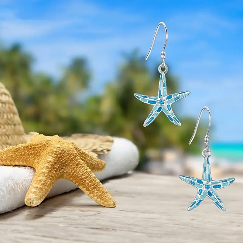 2-Piece Starfish Dangle Earrings – Turquoise Blue & White Mosaic Design with Sterling Silver Post