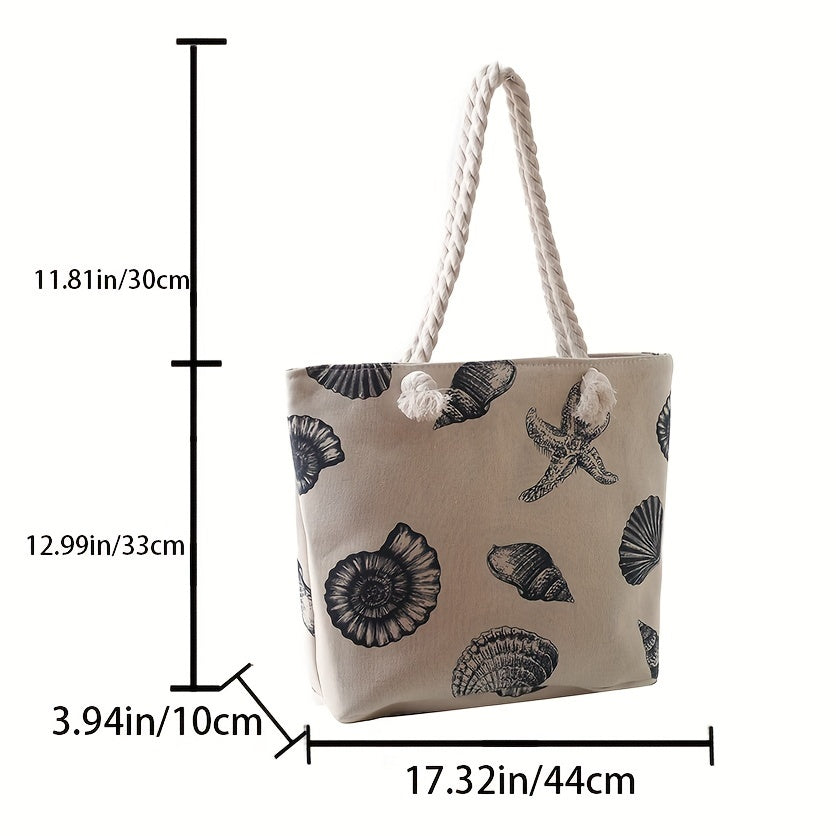 Shell Pattern Canvas Tote Bag – Lightweight Marine Life Beach & Travel Bag