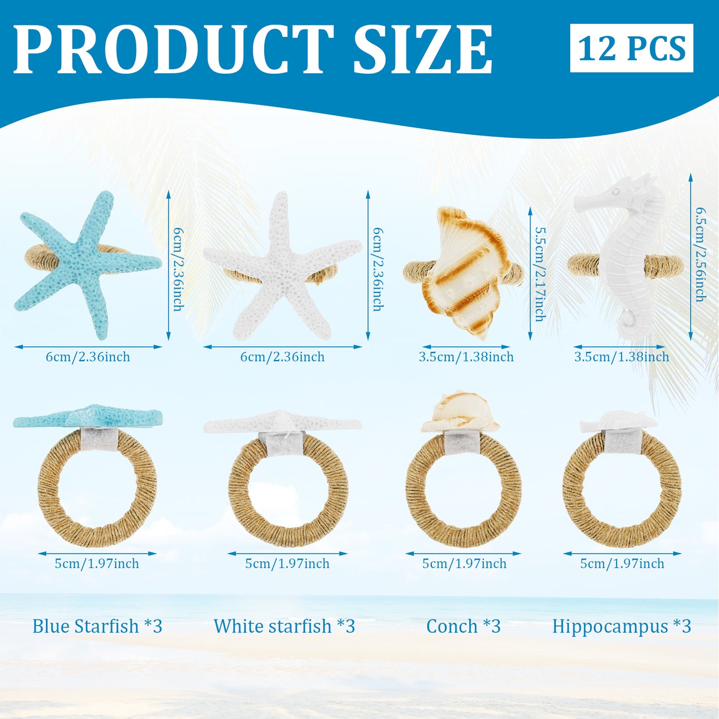 12-Piece Resin Nautical Napkin Rings – Starfish, Seahorse & Conch