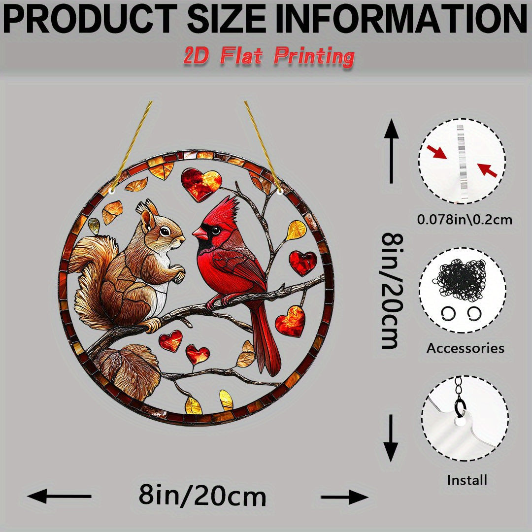 Squirrel & Cardinal Suncatcher Decorative Plaque – 8 x 8", Heart-Shaped Leaves Design