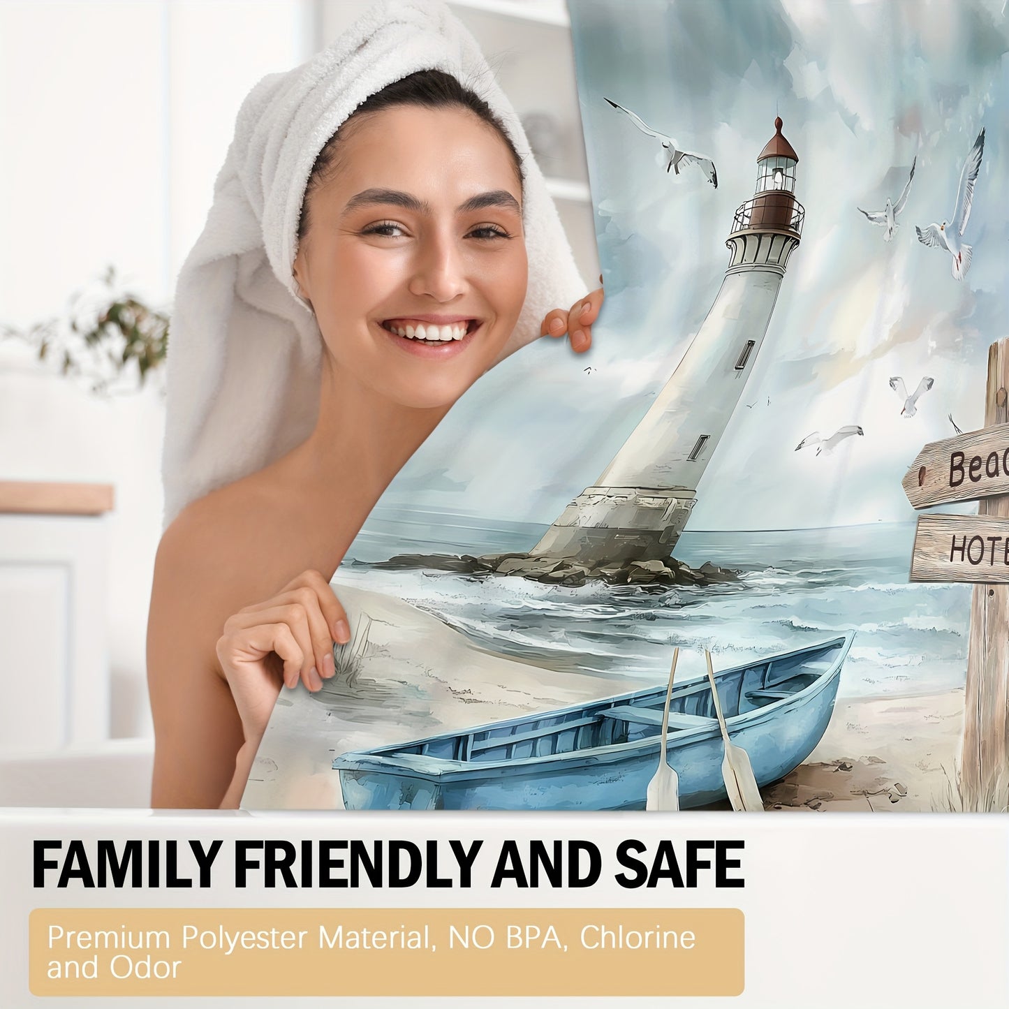 4-Piece Coastal Shower Curtain Set – Lighthouse, Rowboat & Seagulls Design (70.8x70.1")