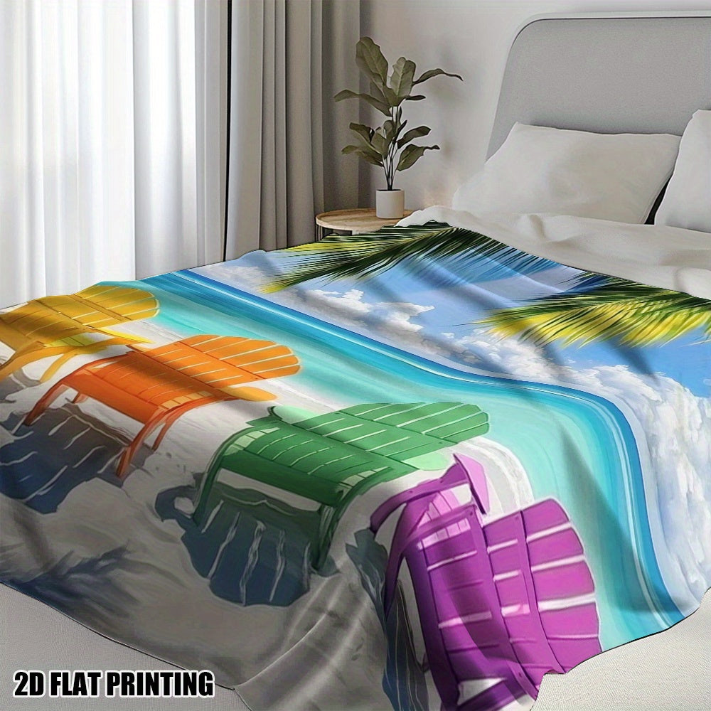 Vibrant Adirondack Chairs & Palm Tree Design Flannel Throw Blanket – 51x59"