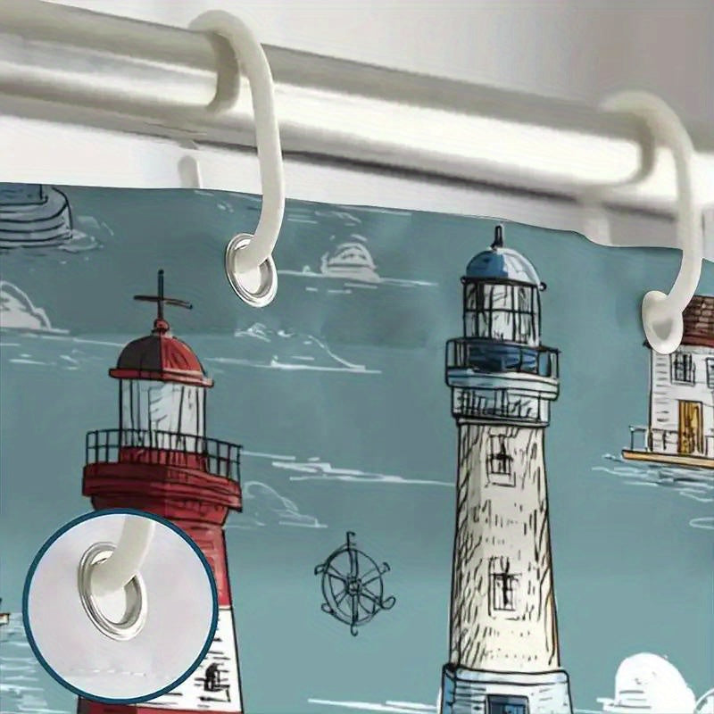 Lighthouse & Sailboat Nautical Shower Curtain – 70.87 x 70.87", Includes 12 Hooks