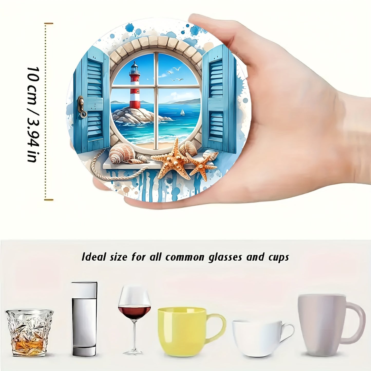 6-Piece Elegant Seaside Lighthouse Wooden Coaster Set