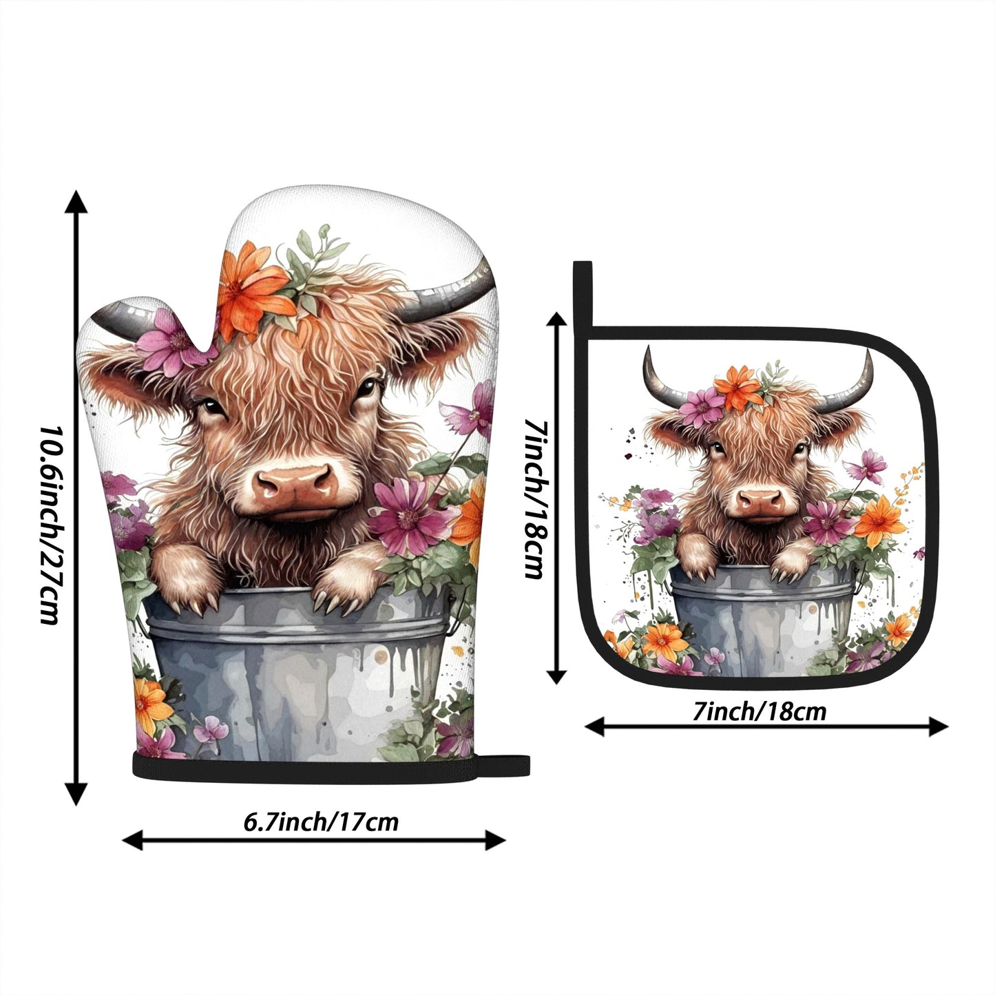 2-Piece Highland Cow Floral Oven Mitt & Pot Holder Set – Heat Resistant, Non-Slip, (10.6x6.7")