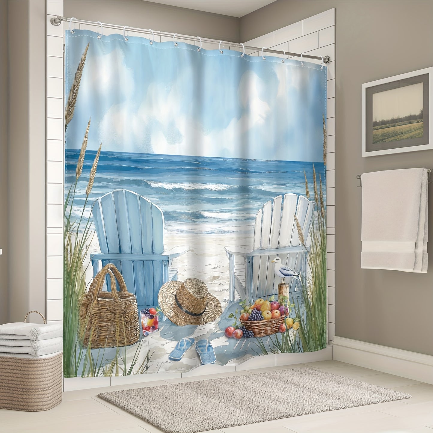 4-Piece Coastal Beach Shower Curtain Set – Blue & White Adirondack Chairs (71x71")