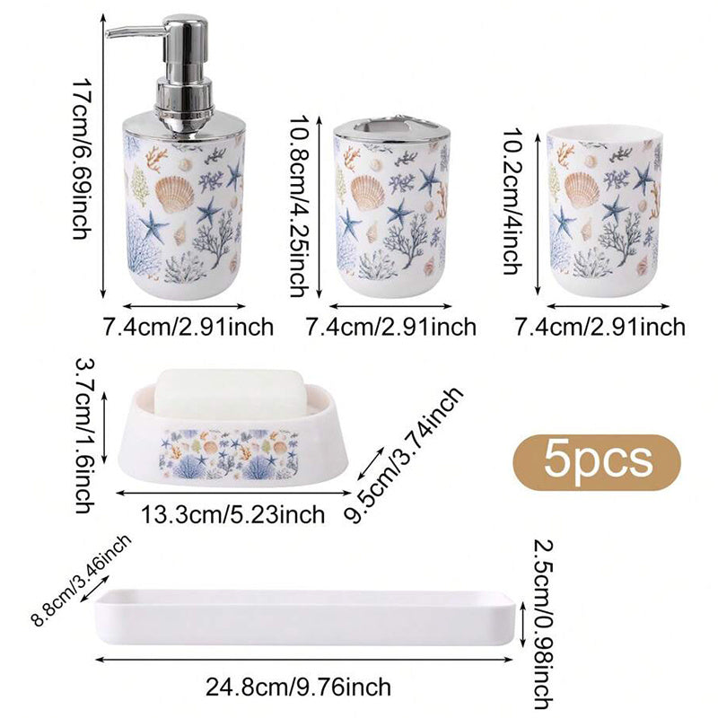 5-Piece Nautical Bathroom Accessory Set – Conch Shell, Starfish & Coral Design