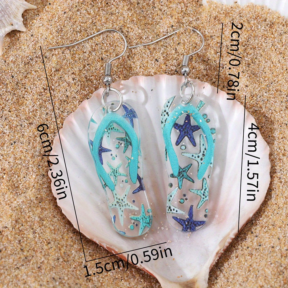 Playful teal flip flop and starfish drop earrings with stainless steel posts, perfect for summer vacation décor.