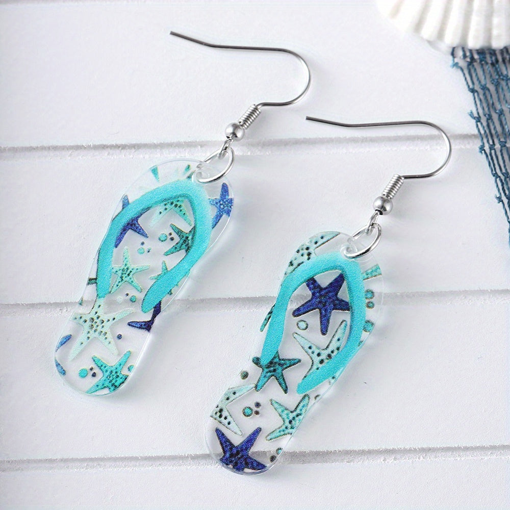 Ocean Style Teal Flip Flop & Starfish Drop Earrings – Summer Vacation Jewelry with Stainless Steel Posts