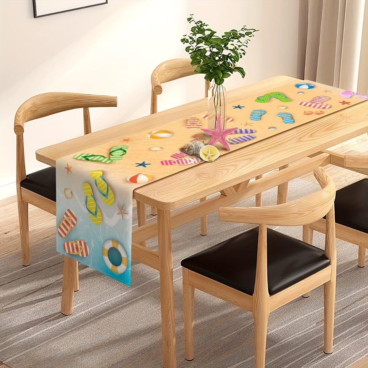 Beach Table Runner – Flip-Flop, Beach Ball & Starfish Design, 13x36", 100% Polyester