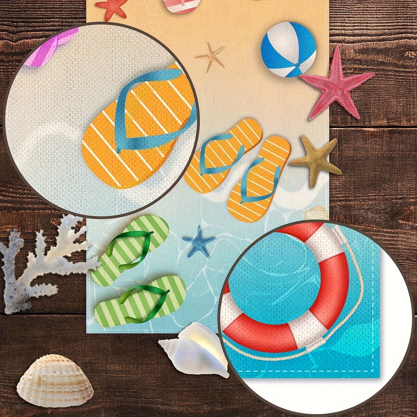 Beach Table Runner – Flip-Flop, Beach Ball & Starfish Design, 13x36", 100% Polyester