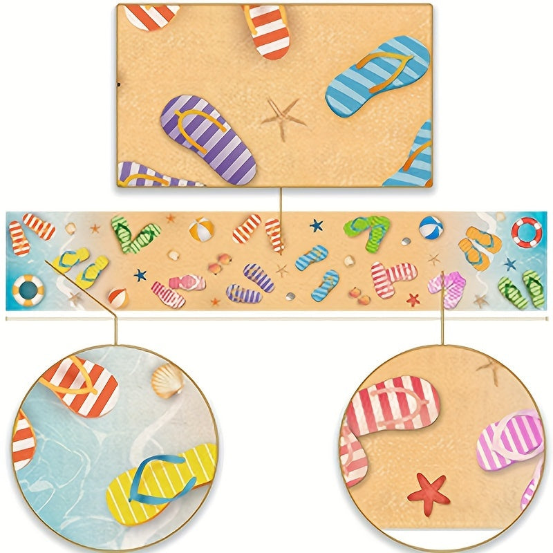 Beach Table Runner – Flip-Flop, Beach Ball & Starfish Design, 13x36", 100% Polyester