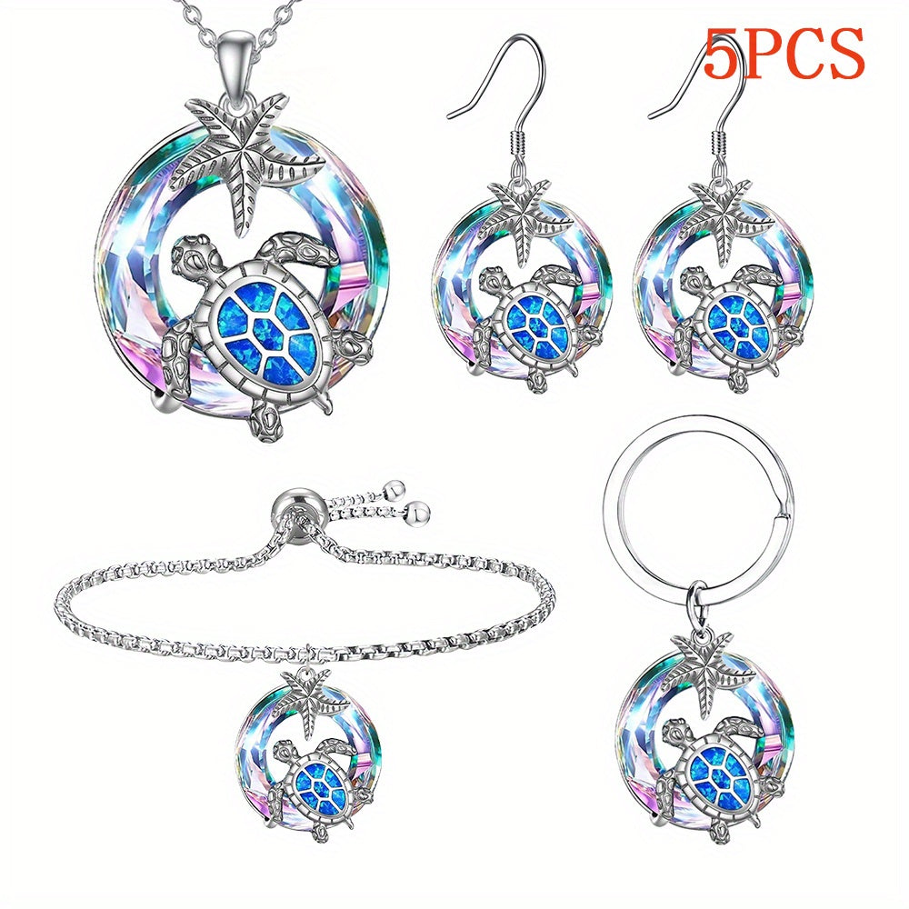 Sea Turtle & Starfish 5-Piece Jewelry Set – Necklace, Earrings, Bracelet & Keychain