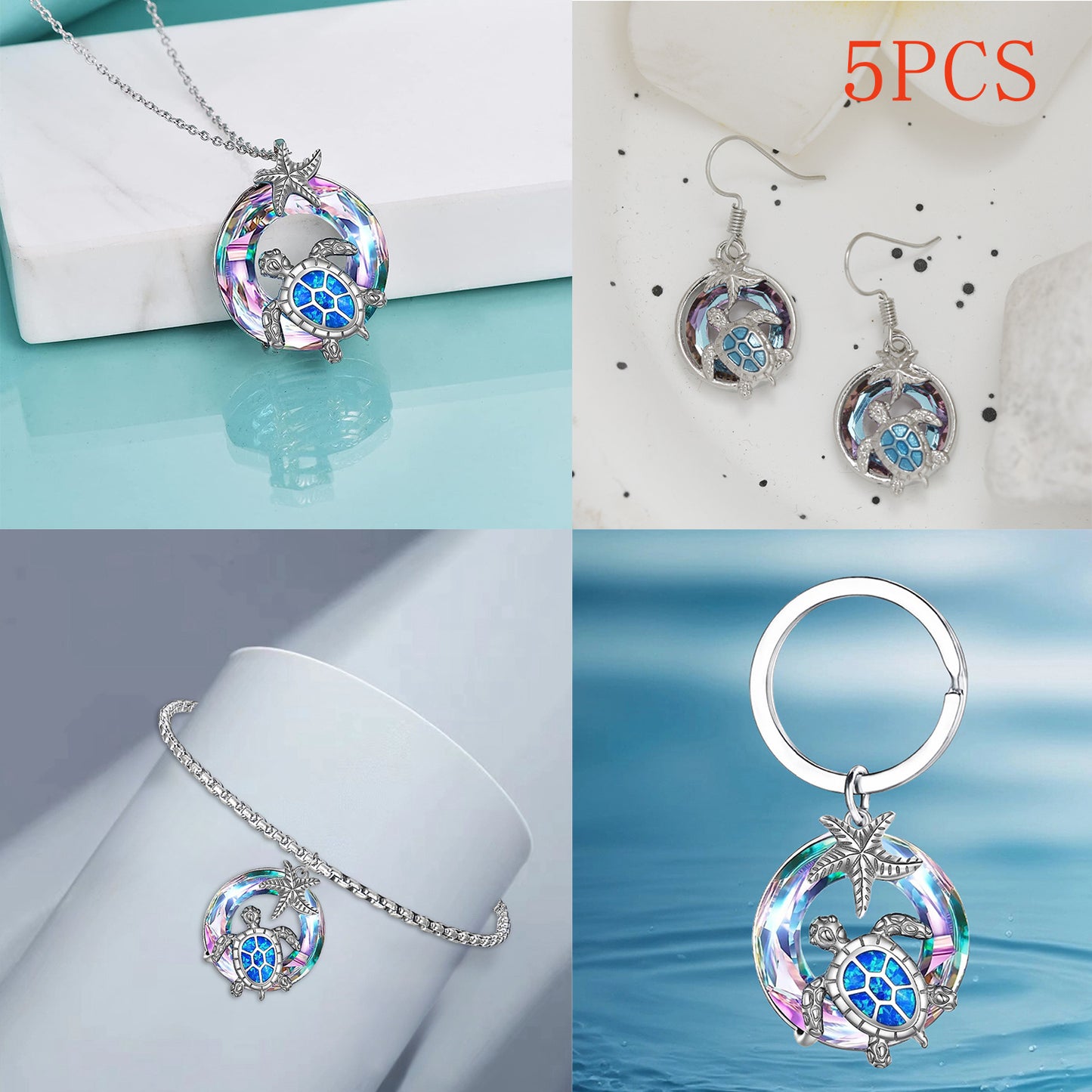 Sea Turtle & Starfish 5-Piece Jewelry Set – Necklace, Earrings, Bracelet & Keychain