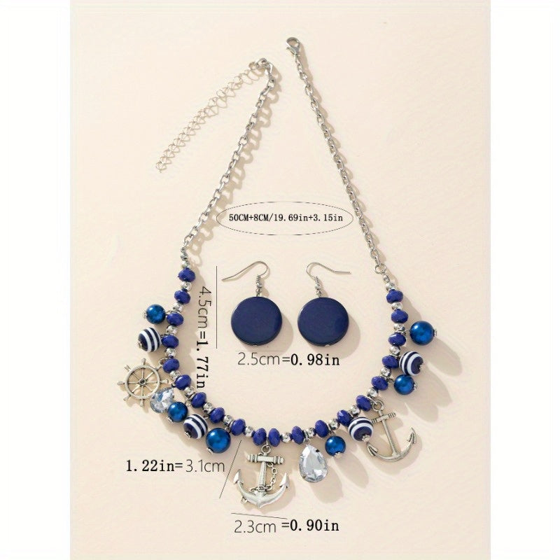 3-Piece Navy Blue Acrylic Jewelry Set – Pendant Necklace with Ship Wheel & Anchor Charms & Earrings
