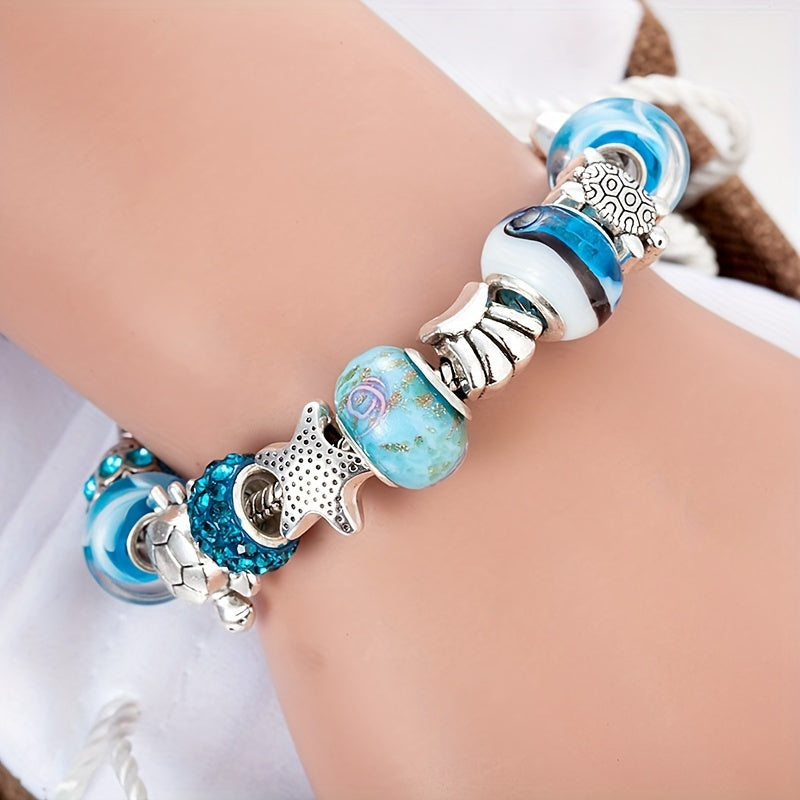 Starfish & Sea Turtle Beads with Synthetic Stones - Charm Bracelet