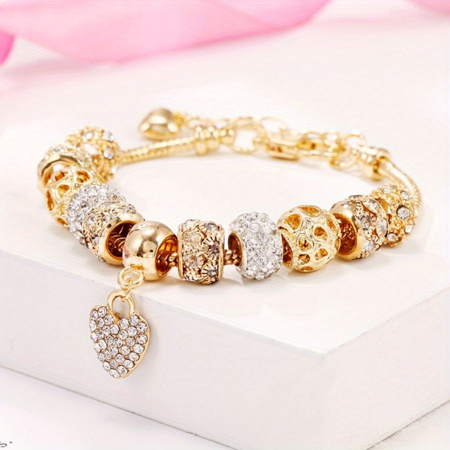 Elegant Love Heart Charm Bracelet – Sparkling Yellow & White Artificial Crystal Beads