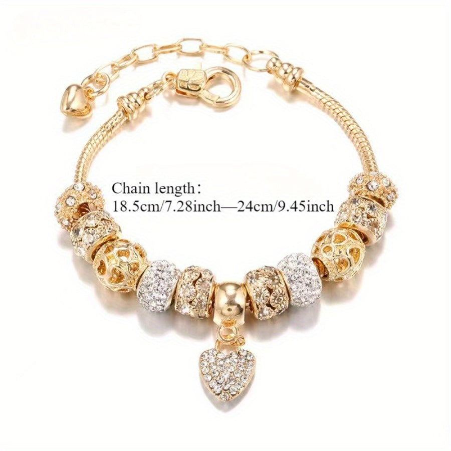 Elegant Love Heart Charm Bracelet – Sparkling Yellow & White Artificial Crystal Beads