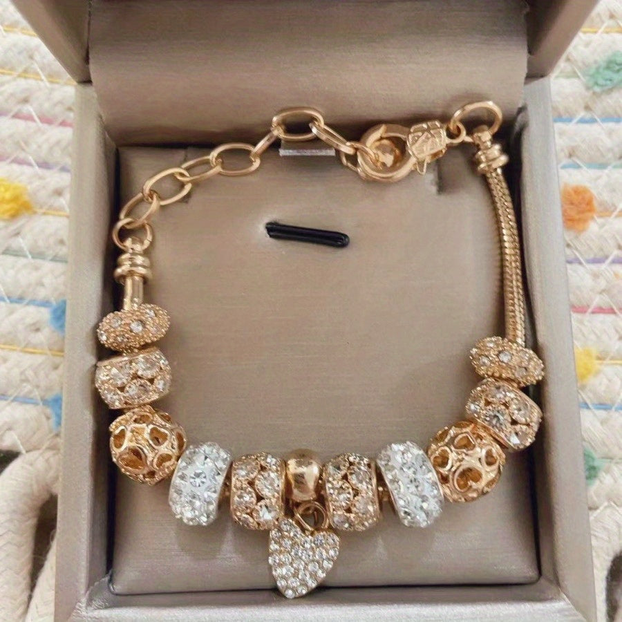 Elegant Love Heart Charm Bracelet – Sparkling Yellow & White Artificial Crystal Beads
