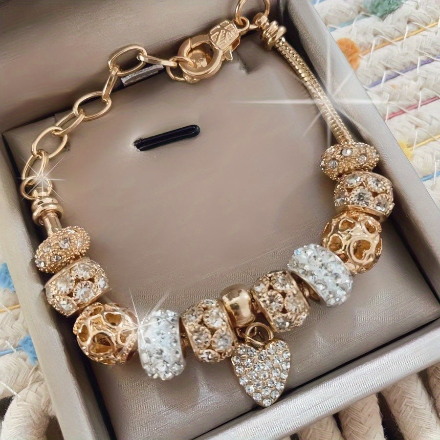 Elegant Love Heart Charm Bracelet – Sparkling Yellow & White Artificial Crystal Beads