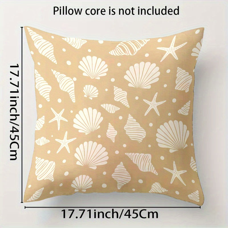Retro Marine Throw Pillow Covers – Starfish & Shells, Beige, Gold & White, 18x18"
