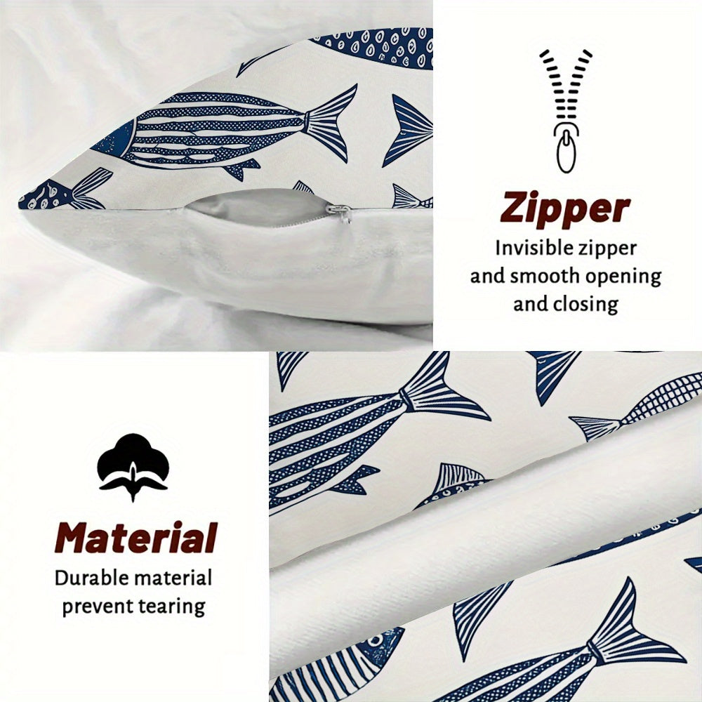 Bohemian Fish School Throw Pillow Covers – Navy & White Marine Life Design, 18x18"