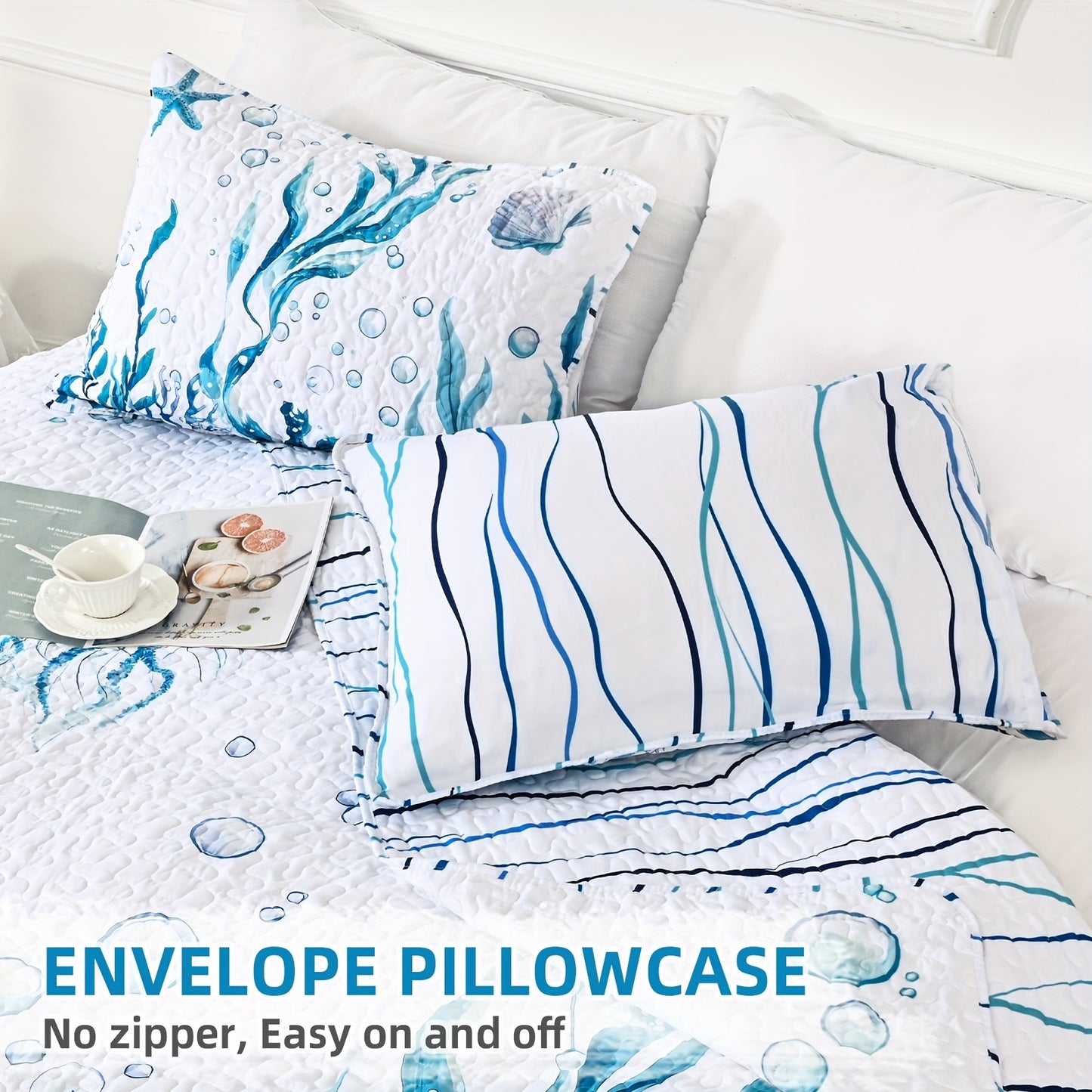 Ocean-Themed Reversible Quilt Set – 3-Piece Queen & King Bedding