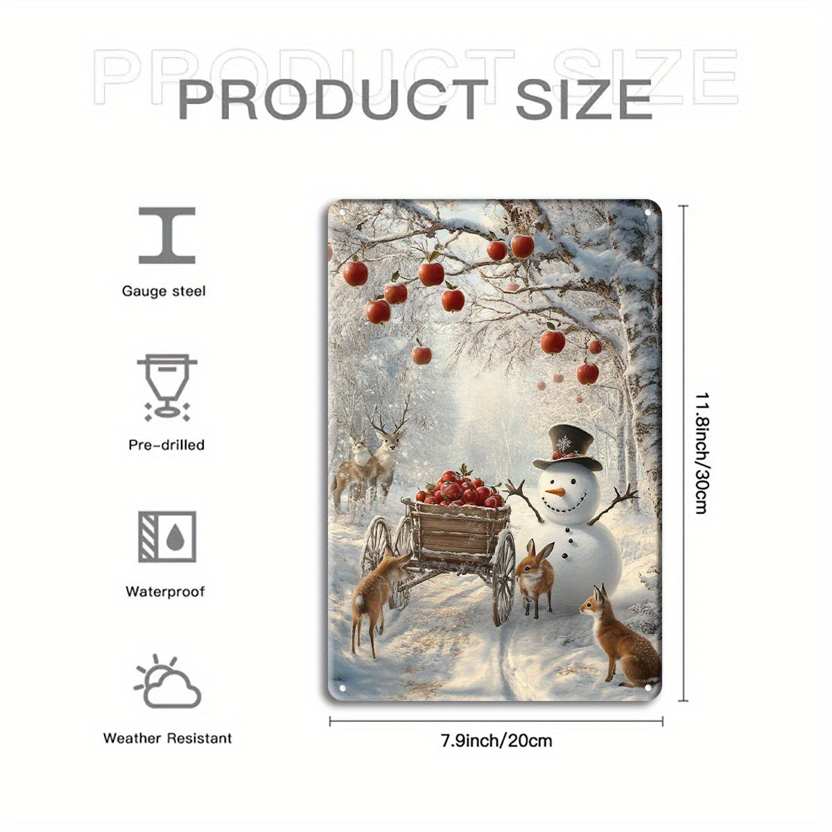 Winter Scene Vertical Tin Sign – Snowman & Forest Animals, 7.9x11.8"