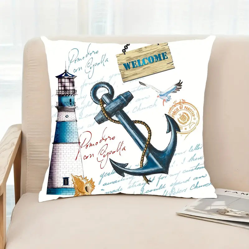 Square decorative pillow cover featuring a vintage nautical illustration with a blue anchor, a lighthouse, a seagull, and a "Welcome" sign on a white background for coastal décor - 18x18 - Coastal Pillows Plus