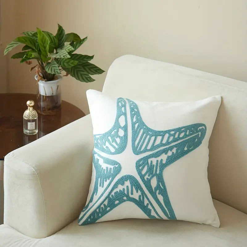 Serene Ocean Aesthetic Blue Starfish Pillow Cover for Coastal Calm Décor - 18x18" - Coastal Pillows Plus