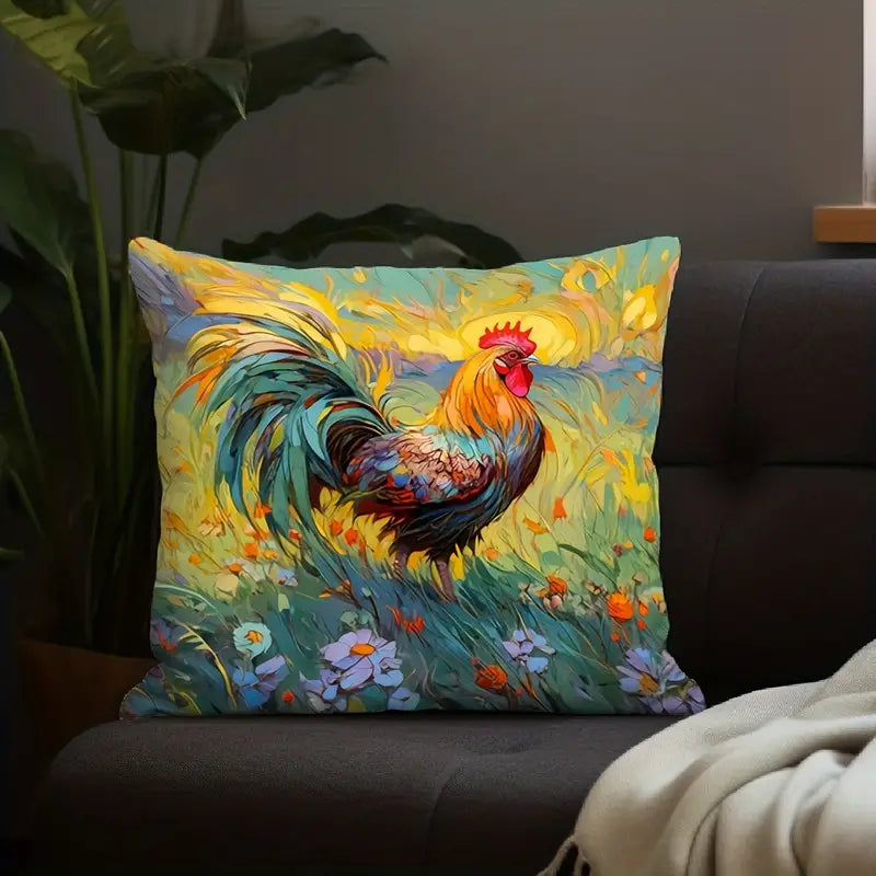 A vibrant, impressionist-style oil painting illustration of a proud rooster with colorful teal, orange, and gold plumage standing in a sunny wildflower meadow on a square 18x18 linen pillow cover, perfect for artistic farmhouse décor – Coastal Pillows Plus.