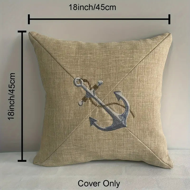 Naturally Toned Embroidered Anchor Design Pillow Cover in Classic Nautical Décor Style - 18x18" - Coastal Pillows Plus