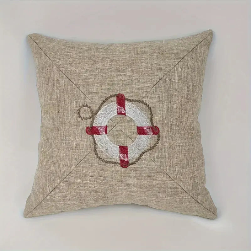 High-Contrast Embroidered Life Buoy Pillow Cover in Nautical Safety Décor Theme - 18x18" - Coastal Pillows Plus