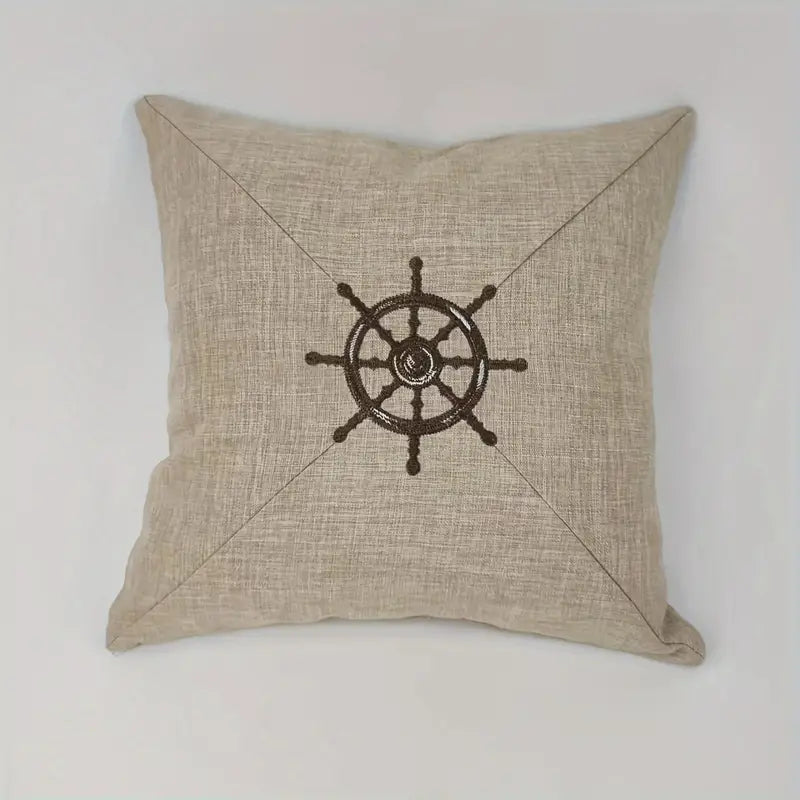 Crisp Embroidered Nautical Ship Wheel Helm Pillow Cover for Coastal Décor - 18x18" - Coastal Pillows Plus