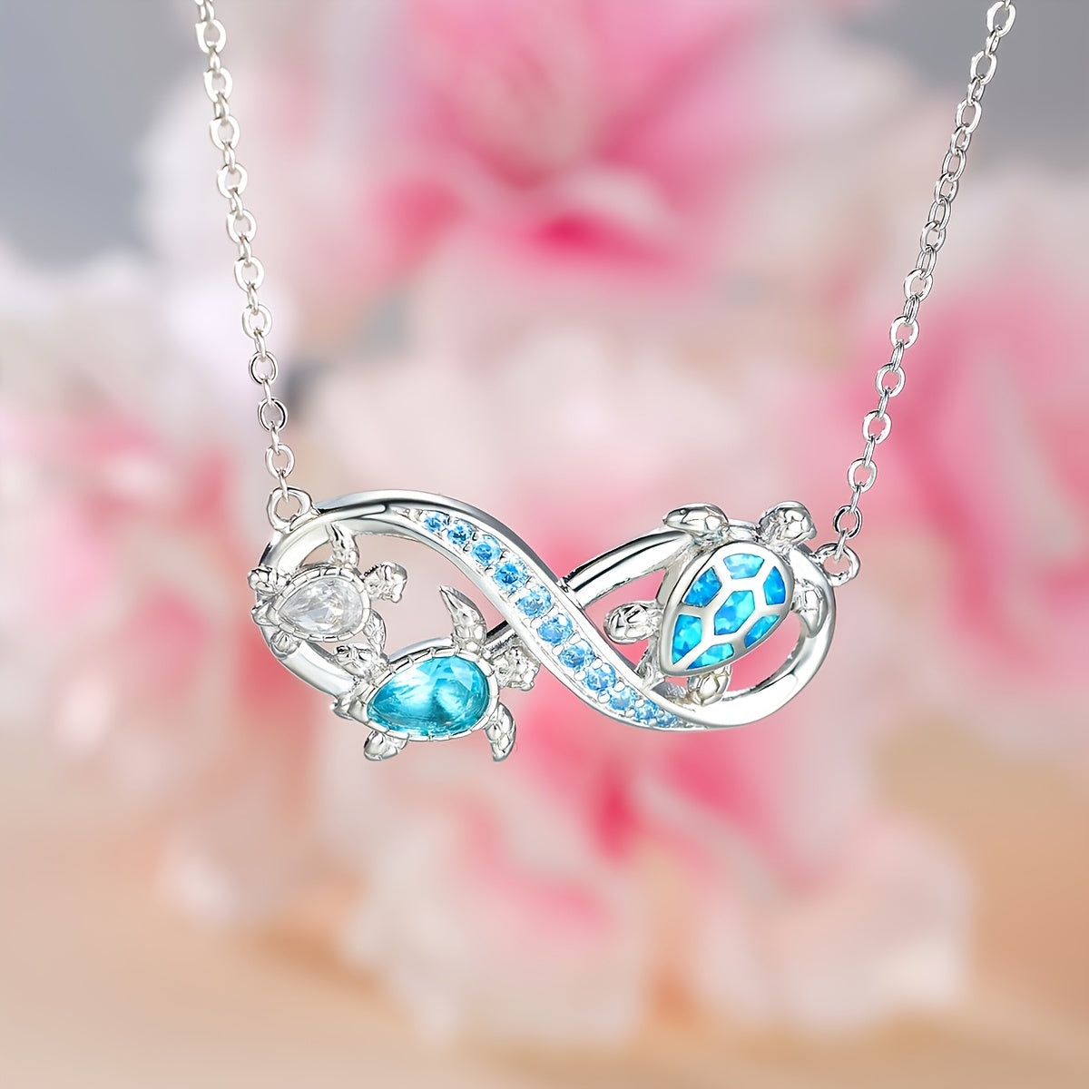 Blue Opal Sea Turtle Infinity Necklace – Ocean Style Pendant for Her