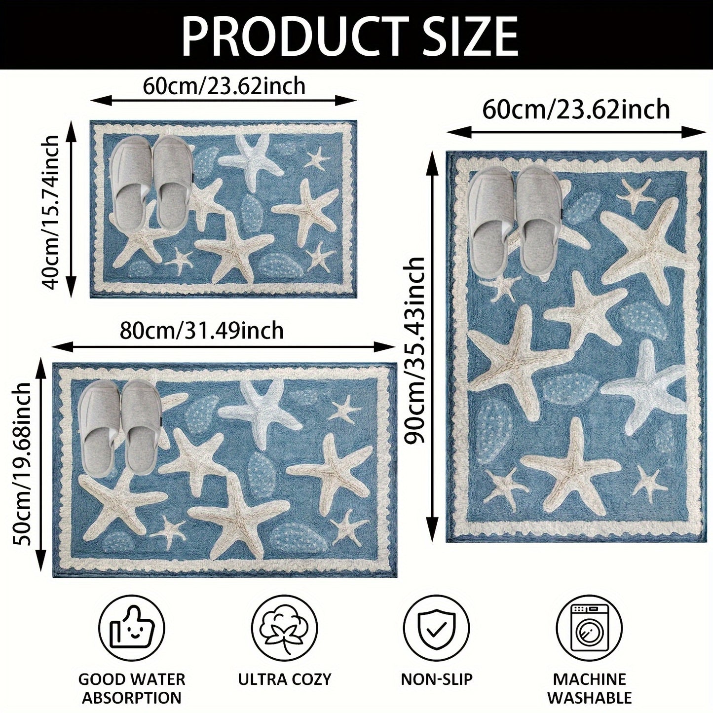 Ocean-Style Starfish Bathroom Mat – Plush Non-Slip Rectangular Mat, 1.5'x2' / 2'x2.5'