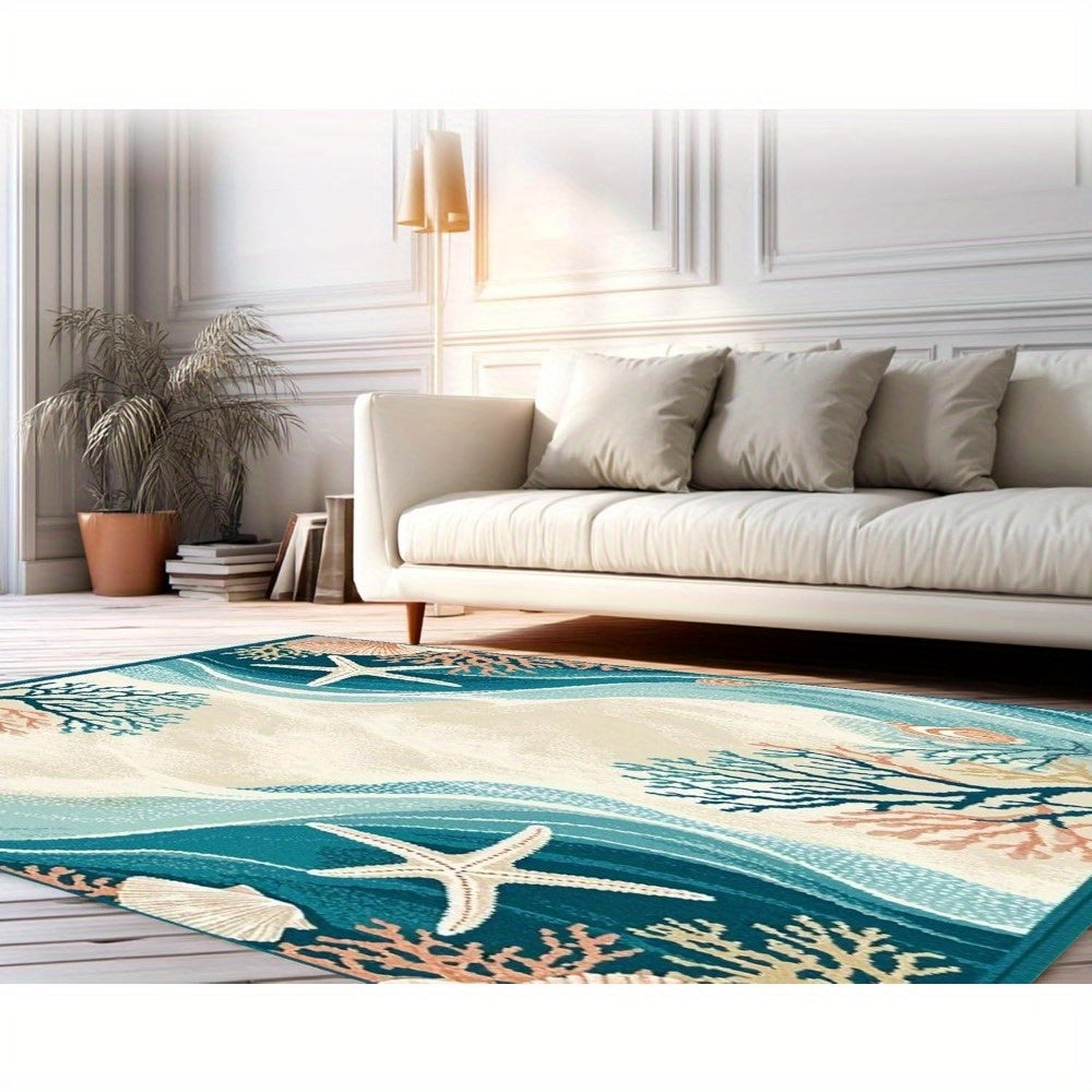 Starfish, Seashell & Ocean Wave Design Area Rug - Machine Washable, 5'x7'