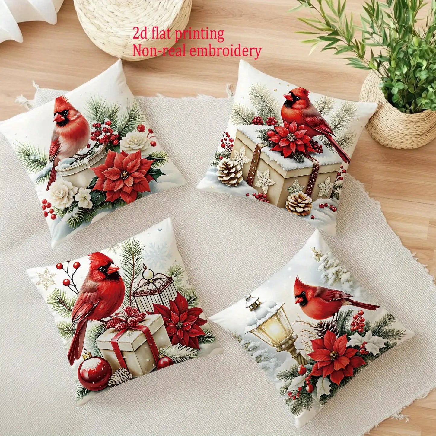 Red Cardinals, Presents, Poinsettia, and Pinecones - Zipper Closure, Machine Washable