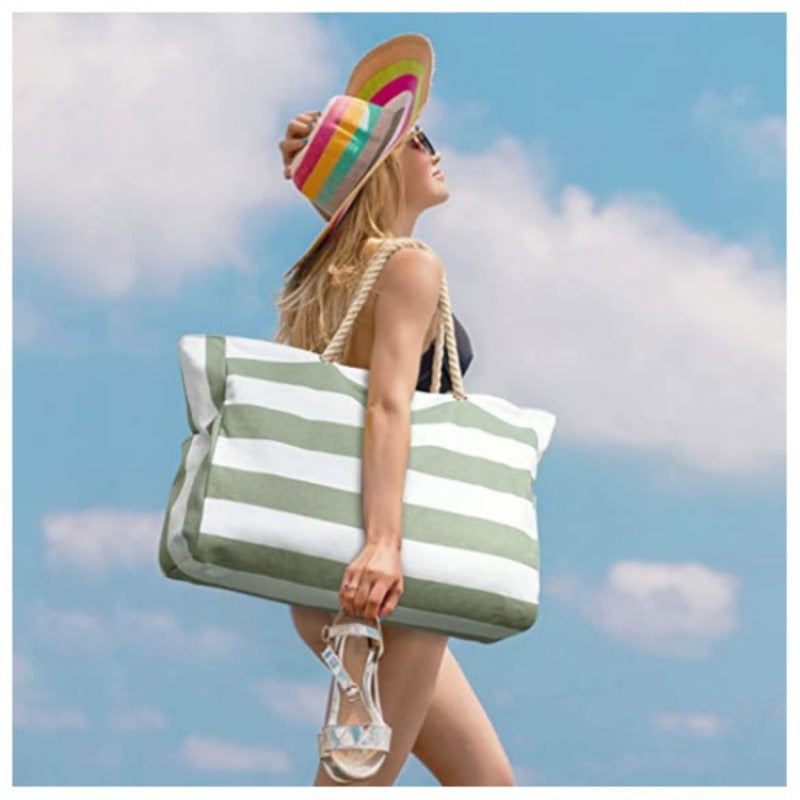 Gray and White Striped Lightweight Foldable Beach Tote