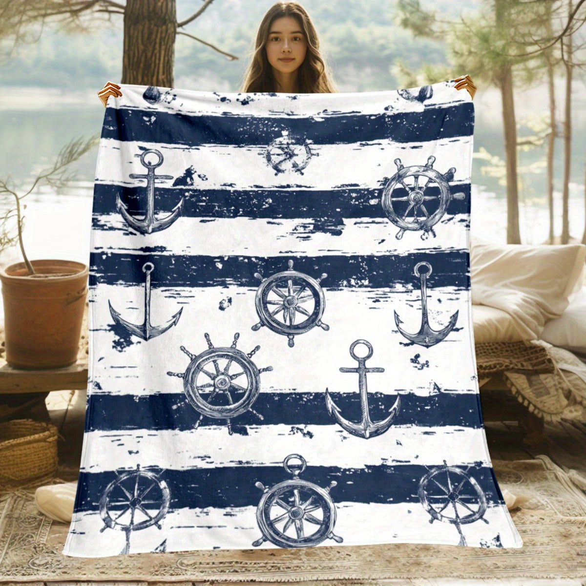 Nautical Anchor & Wheel Flannel Blanket – 51x59" Soft, Lightweight